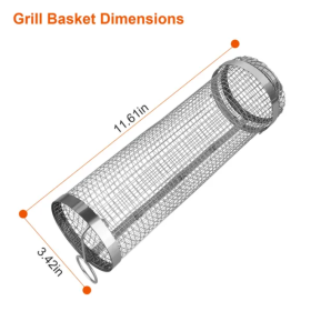 2Pcs 3.42x11.61Inch Portable BBQ Rolling Basket Round Stainless Steel Grill Mesh Barbecue Net Tube With Removable Cover Outdoor Camping