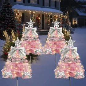 4 Pack Christmas Tree Solar Pathway Lights Outdoor Decorations, Waterproof Artificial Mini Xmas Tree Stake Lights With DIY Ornamets For Garden Ya (Option: PinkTree)