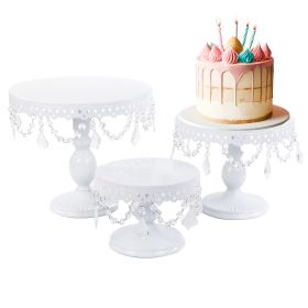 3Pcs Antique Cake Stand Set - Round Metal Cupcake Stands With Pendants And Beads - Elegant Dessert Display, For For Wedding, Birthday Party Decor (Option: Cream White)