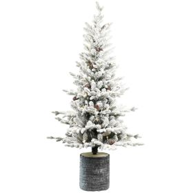 Artificial 6.5ft Decorated Flocking Basin Tree With 1386 PE PVC Mixed Branch Tips, Pine Cone X31, 350L Wram White Light, Holiday Decorating (Option: Default title)