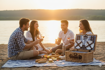 Wicker Picnic Basket Set For Four Gingham Liner, Willow Hamper (Option: Blue)
