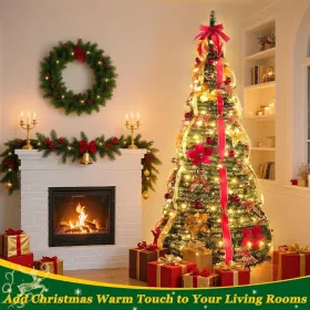 6 Ft Pre-Decorated Pop Up Full Christmas Tree Prelit 200 Warm White LED Lights 8 Modes Timer UL Plug In, 1 Minute Pull Up Collapsible Christmas T (Option: Red)