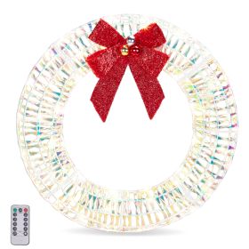 24in Pre-lit Iridescent Outdoor Christmas Wreath Decoration, Lighted Metal Wreath With Red Bow, Warm White LED Lights, For Front Door Gate Wall I (Option: Default title)