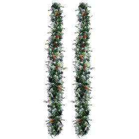 2 Pack 9FT Pre-lit Snow Flocked Christmas Garland, Lighted Artificial Xmas Garland With 200 Warm Lights And 440 Tips And Red Berries, For Front D (Option: Default title)