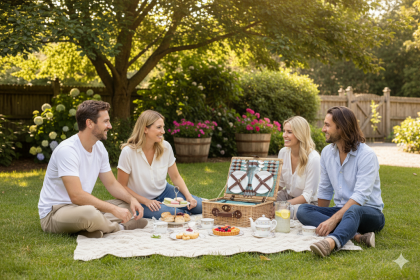 Wicker Picnic Basket Set For Four Gingham Liner, Willow Hamper (Option: Green)