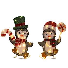 Set Of 2 Lighted Penguin And Candy Cane Christmas Decorations, Pre-lit 2D Holiday Decor With 80 Warm White LED Lights For Xmas Outdoor Indoor Dec (Option: Default title)