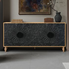 Black Carved Symmetrical Design Door And Wood Coloured Frame For TV Stand Table,Living Room ,Entryway (Option: Black Natural)