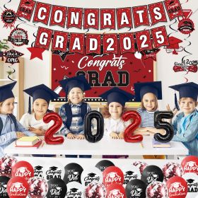 Graduation Decorations Class Of 2025 Set, Red Theme Graduation Party Supplies Of 50 Congrats Grad Banner Class Of 2025 Backdrop Balloons Hanging (Option: W13572348)