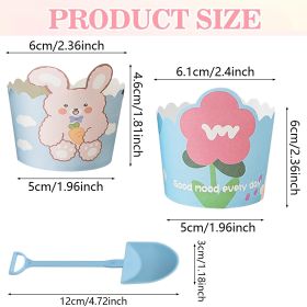 Cute Cupcake Liners Wrappers With Plastic Spoons Bunny Flower Pattern Paper Baking Cup Scalloped Edge Cupcake Muffin Cases For Easter Spring Birt (Option: BluePink)