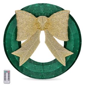24in Pre-lit Outdoor Christmas Wreath Decoration, Lighted Metal Wreath With Golden Bow, Green And Warm White LED Lights, For Front Door Gate Wall (Option: Green  Warm white)