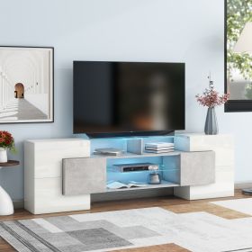 ON-TREND Unique Shape TV Stand With 2 Illuminated Glass Shelves, High Gloss Entertainment Center For TVs Up To 88, Versatile TV Cabinet With LED (Option: grey)