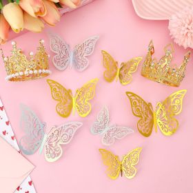 Flower Bouquet Accessories Set 24pcs 3D Hollow Butterflies 2pcs Gold Crowns 2 Tubes Of Sliver Glitter Powder,Mini Crowns For Mothers Day Cake Dec (Option: W13572344)
