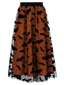 Women's Witchy Tulle Tutu Skirt, Halloween Dress Pumpkin Skirt Velvet Bats Elastic Waist Layered Mesh Midi Skirt Witchy Clothes For Halloween Par (Option: W13790537)