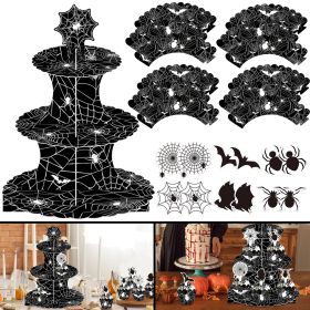 3 Tier Halloween Cupcake Stand Black Spider Web Cardboard Cupcake Stand Spider Bat Cupcake Toppers Halloween Cupcake Holder Tower For Halloween B (Option: As shown)